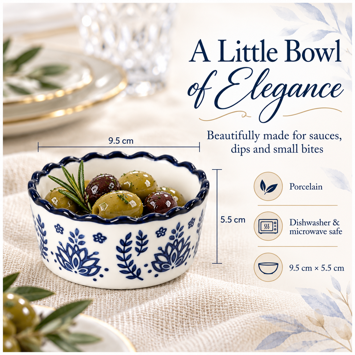 Elegant Navy Botanical Porcelain Sauce Bowls – Set of 4 Floral Bowls