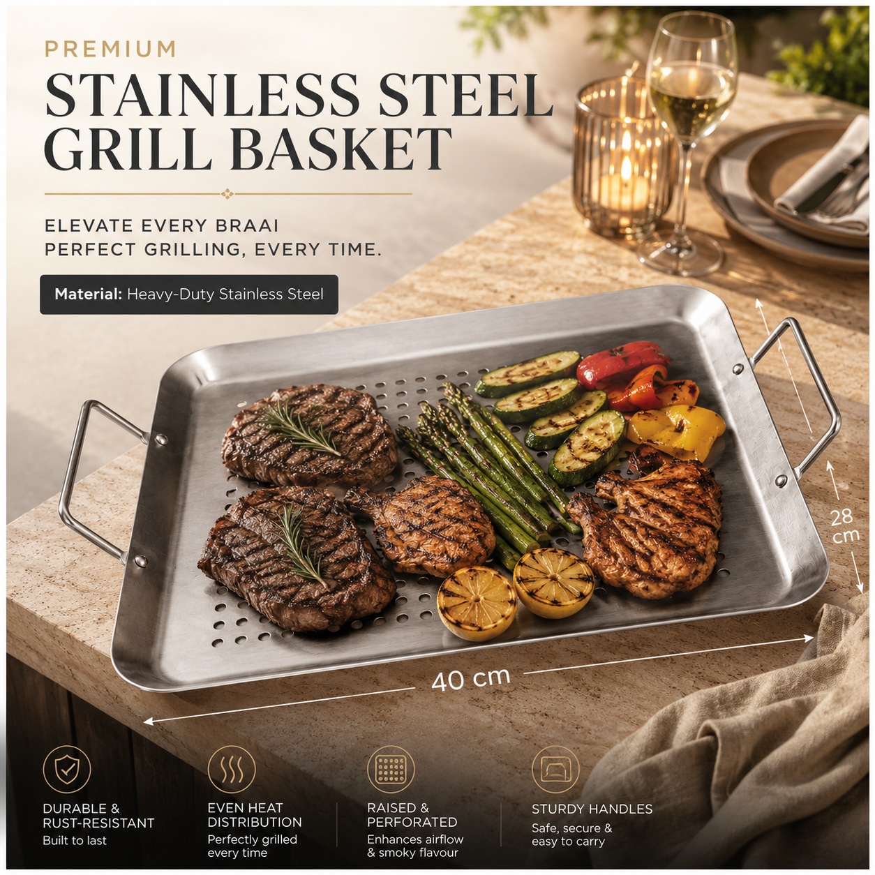 Heavy-Duty Stainless Steel Grill Basket with Handles for Braais – 40 x 28cm