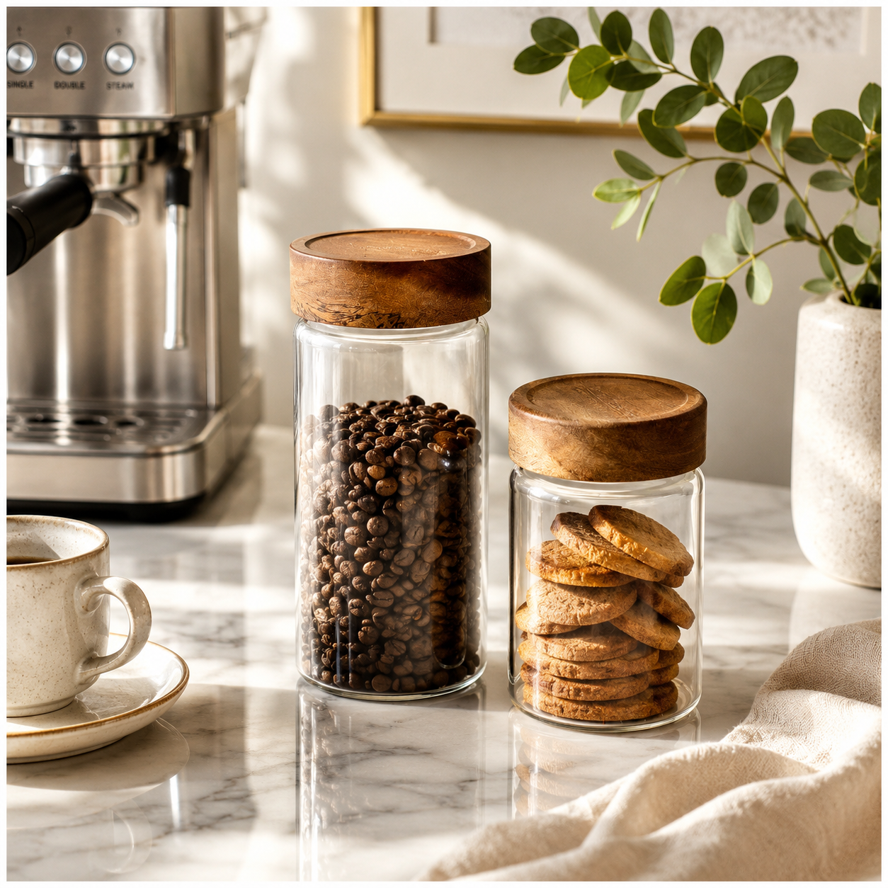 2-Piece Glass Storage Jar Set with Solid Acacia Wood Lids – 580ml and 500ml