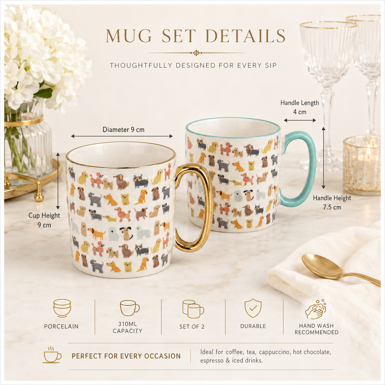 Classic Animal-Print Porcelain Mug Set of 2 –310ml - Hot and Cold Drinkware