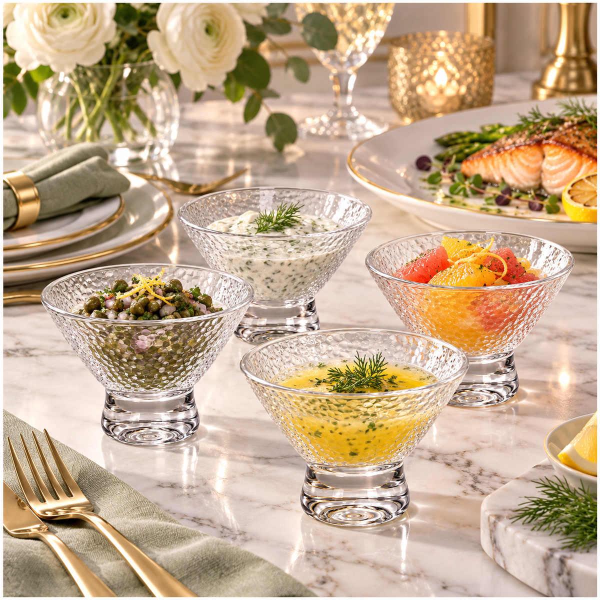 Elegant Glass Footed Dessert Bowls 180ml – Clear Textured Set of 4