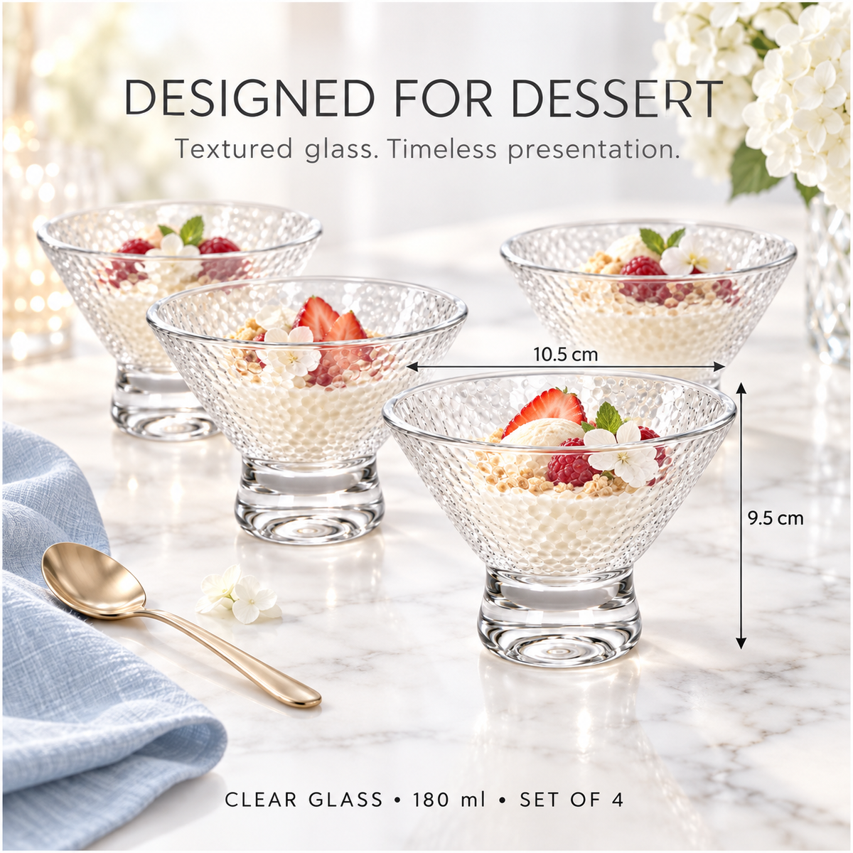 Elegant Glass Footed Dessert Bowls 180ml – Clear Textured Set of 4