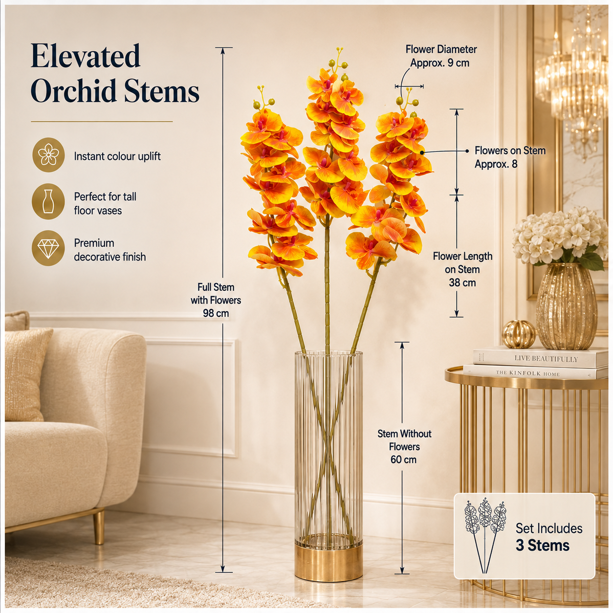 3-Piece Elegant Orchid Flower Stem Set – 98cm Tall, Modern Floral set