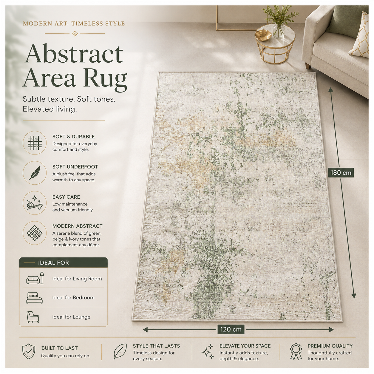 Modern Abstract Area Rug - 180cm x 120cm – Green, Cream Soft Accent Rug
