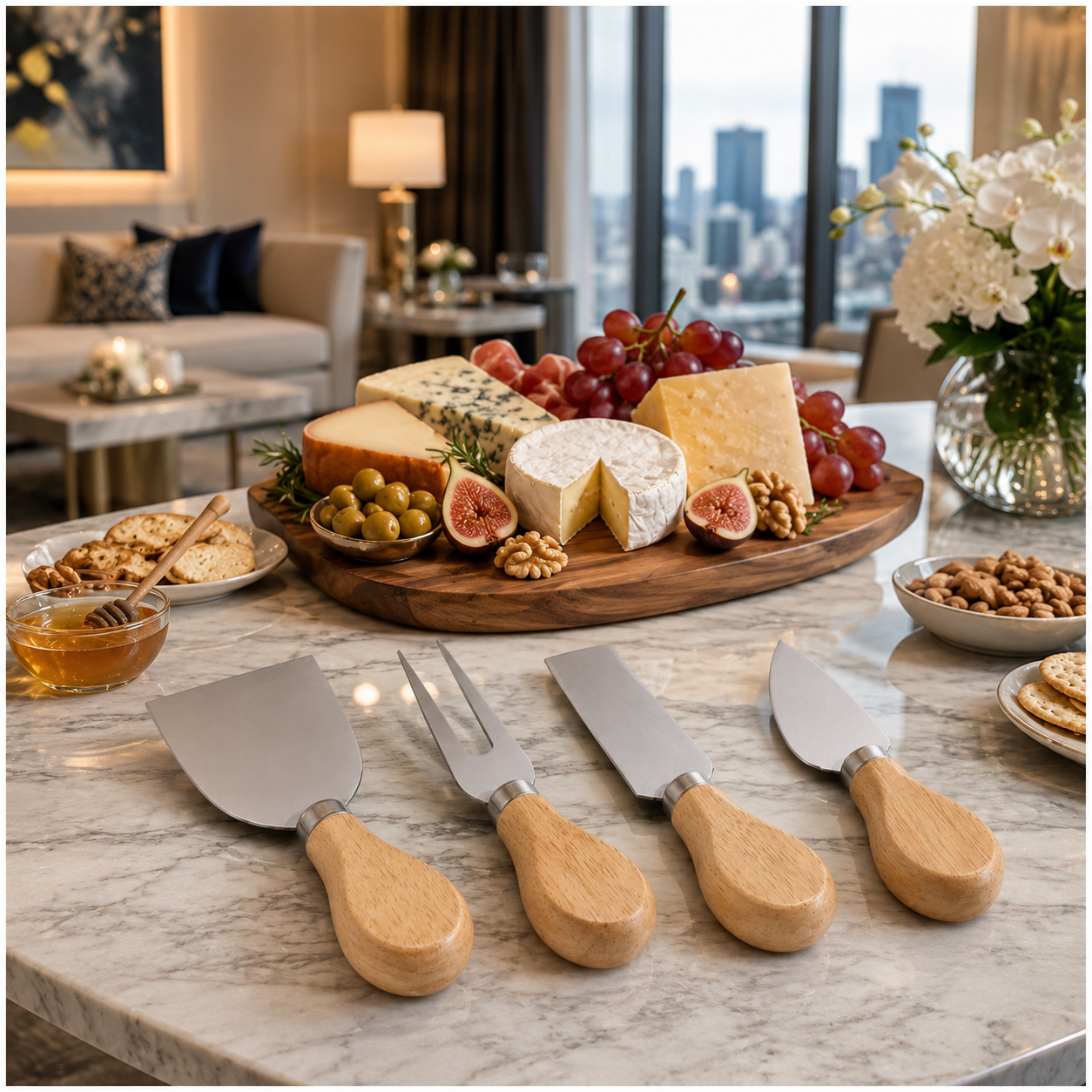 4-Piece Beech Wood Cheese Knife Serving Set - 12 cm