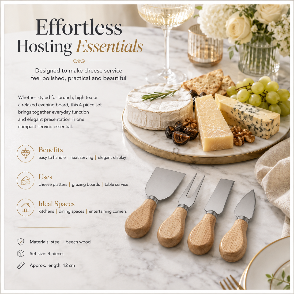 4-Piece Beech Wood Cheese Knife Serving Set - 12 cm