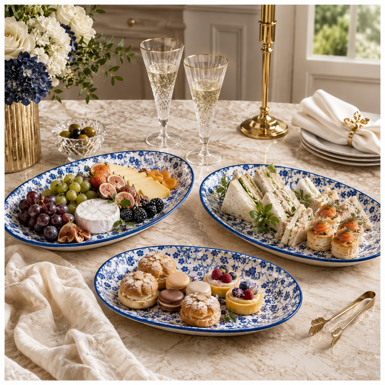 Elegant Blue and White Ceramic Serving Platter Set – Set of 3 - 30 cm