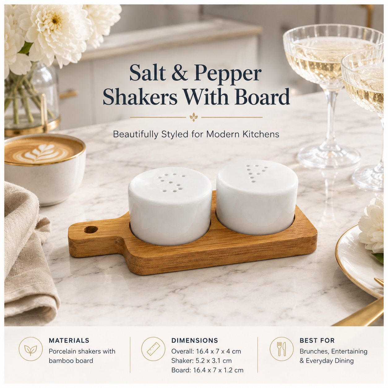 Classic Salt and Pepper Shakers with Bamboo Board – 3 Piece Porcelain Set