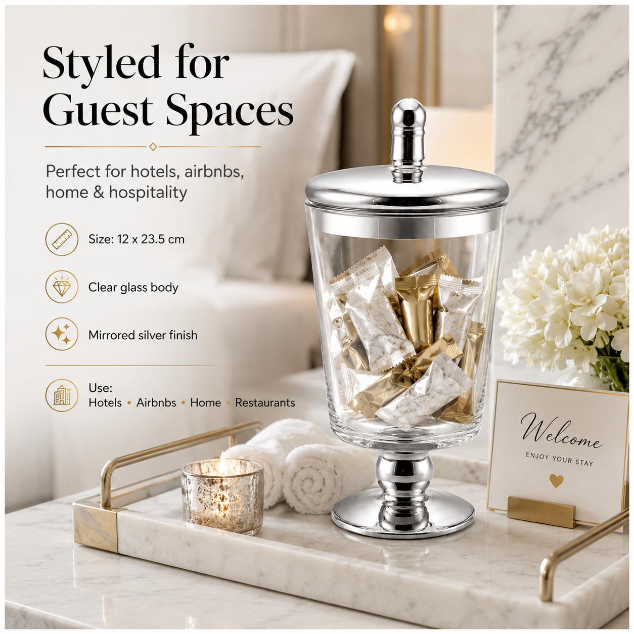 Elegant Decorative Glass Jar with Mirrored Silver Lid and base – 23.5cm