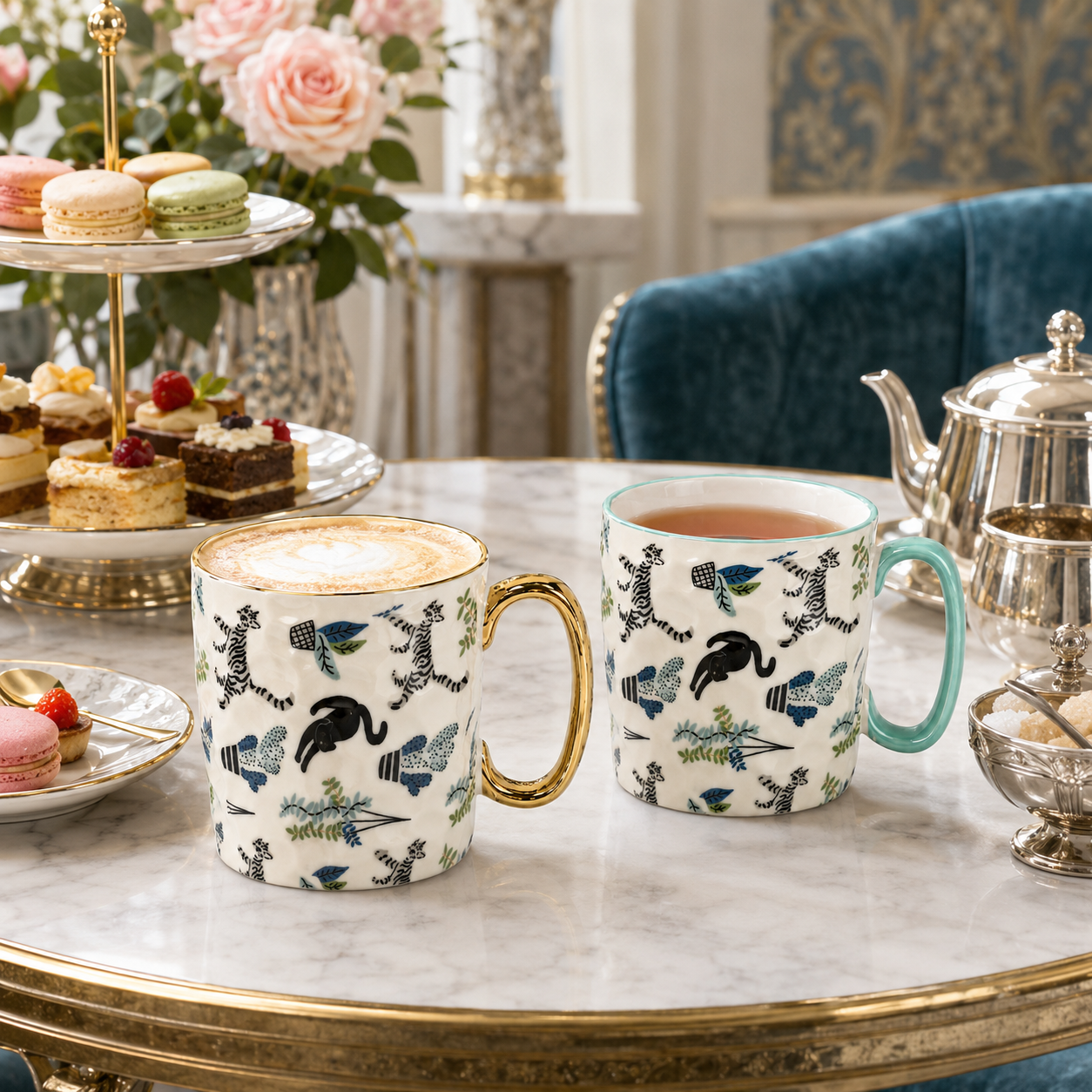 2-Piece Textured Porcelain Coffee Mug Set – 310ml Floral Cat Design