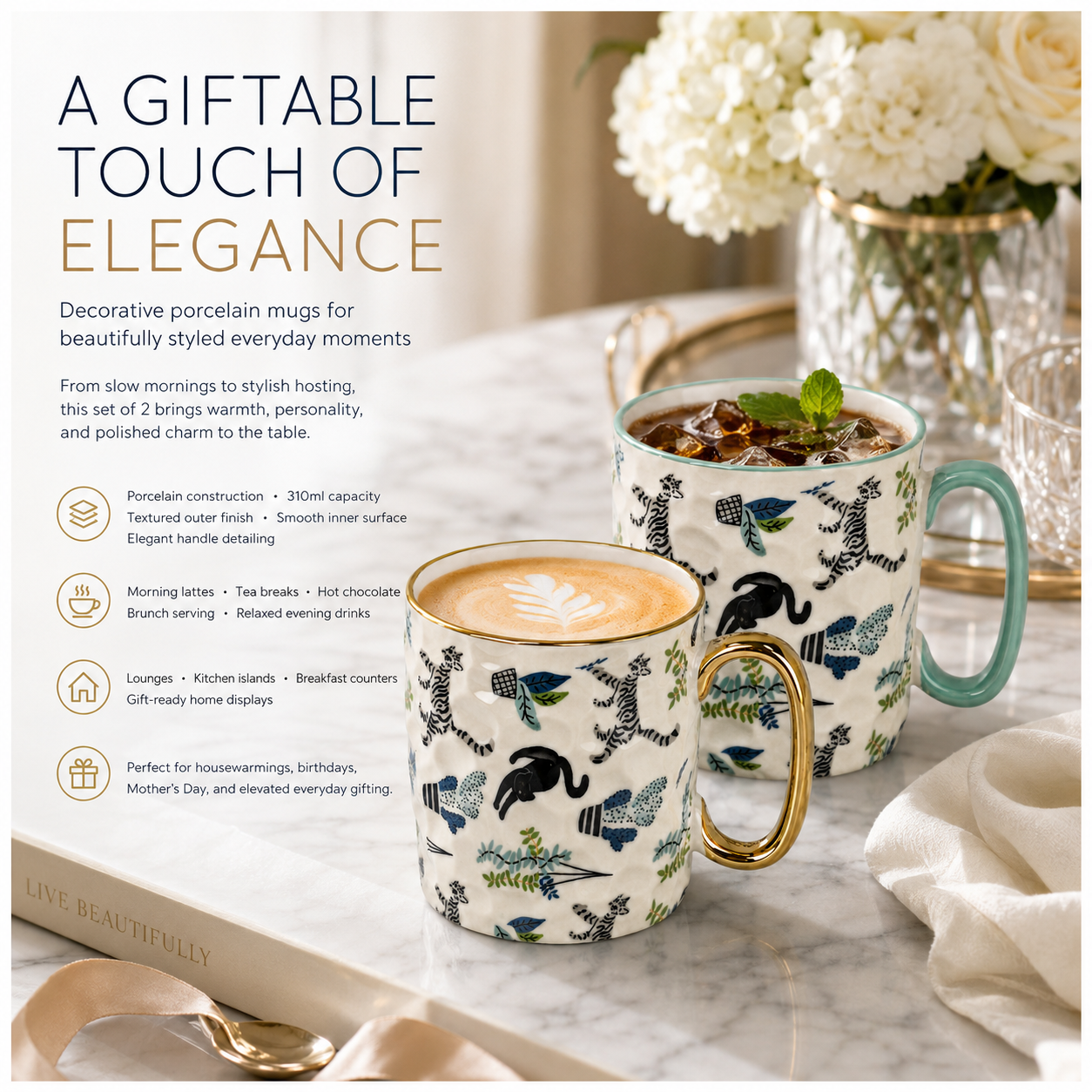 2-Piece Textured Porcelain Coffee Mug Set – 310ml Floral Cat Design