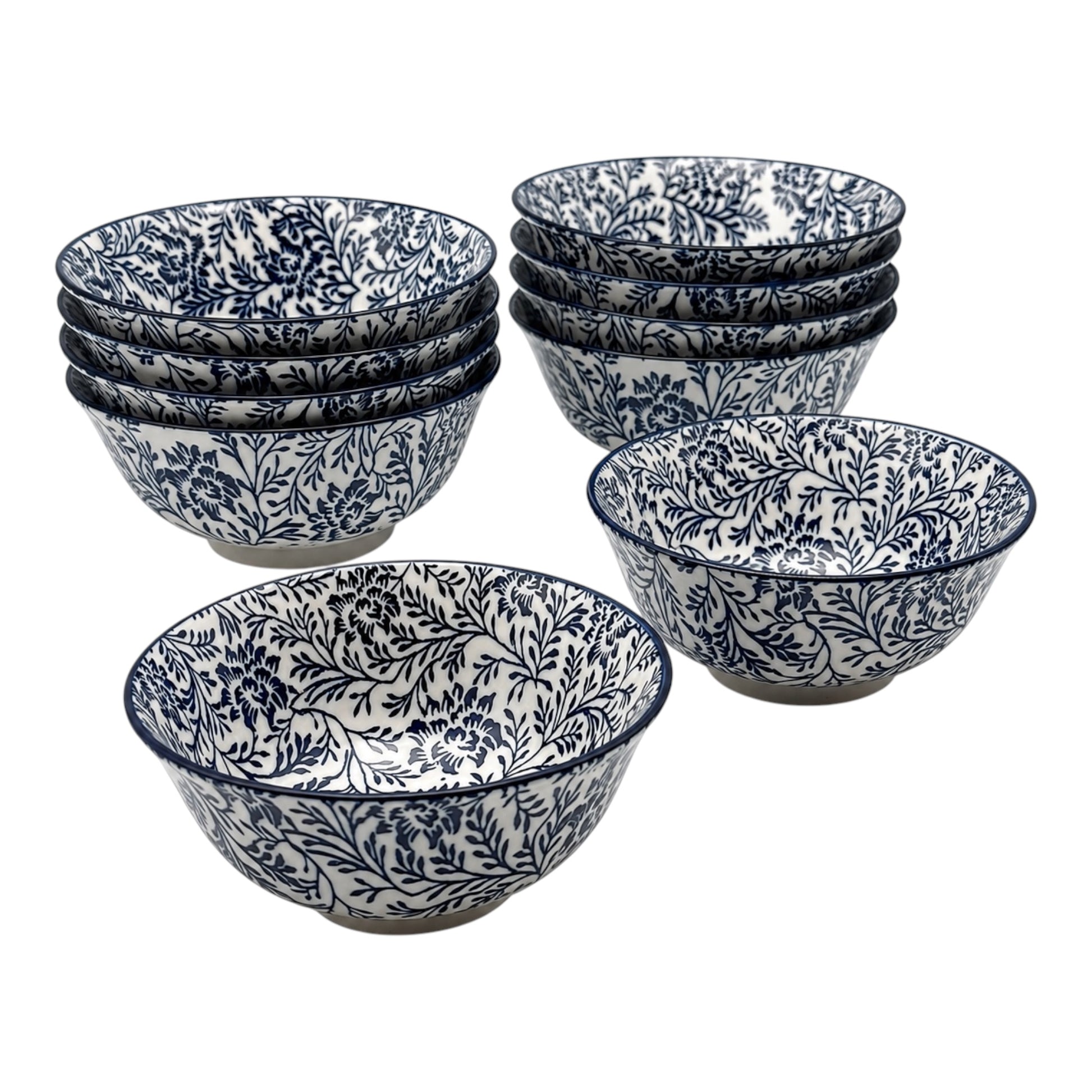 A set of 10 porcelain bowls with a blue floral and botanical pattern on a white background, arranged on a clean white studio background.