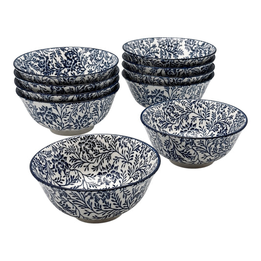 A set of 10 porcelain bowls with a blue floral and botanical pattern on a white background, arranged on a clean white studio background.