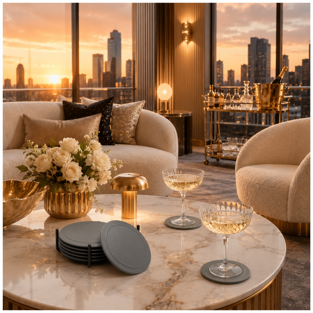Grey Silicone Drink Coaster Set with Space - 6 Piece Set With Metal Holder