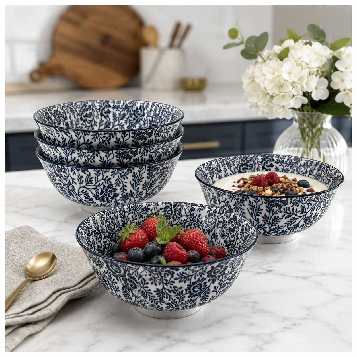 Elegant 5-Piece Blue Floral Fine Porcelain Bowl Set – Fine Dining - 16 cm