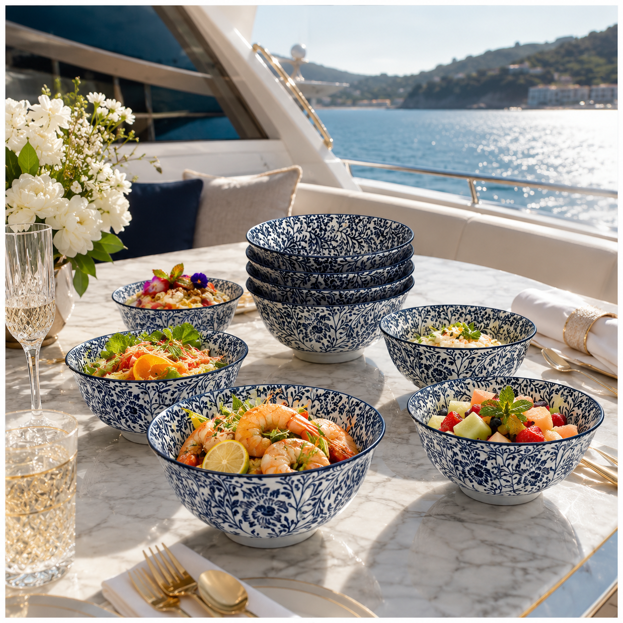 Elegant 10-Piece Blue White Porcelain Bowl Set - Beautiful Floral Serveware