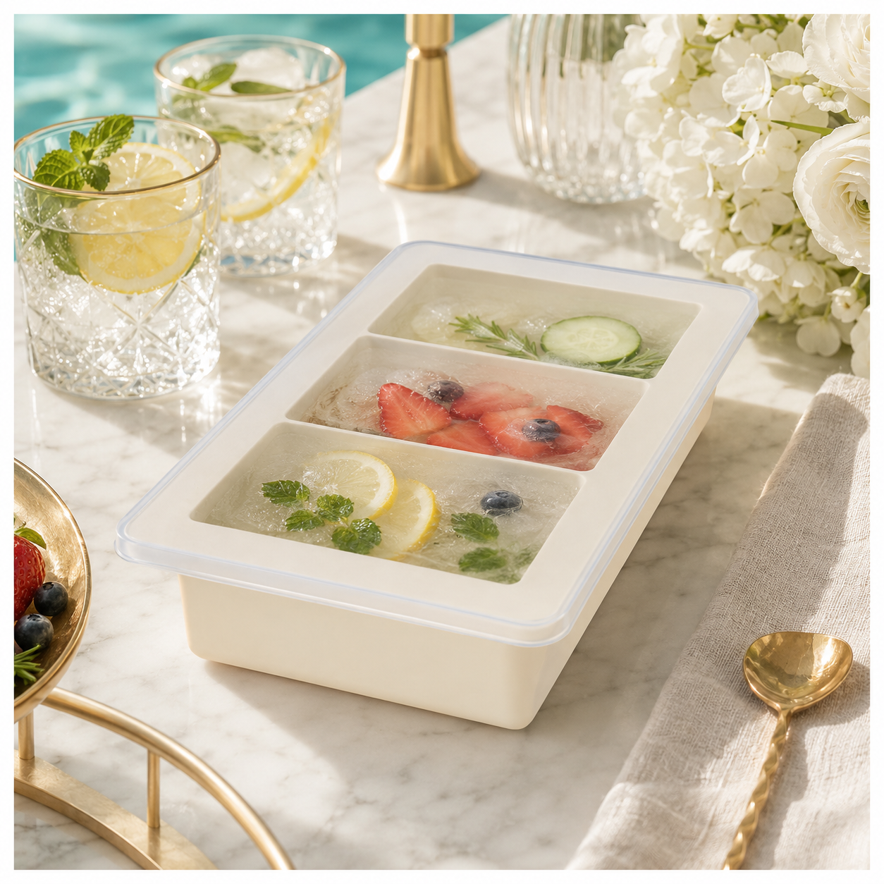 3-Cavity Silicone Ice Cube Tray with Sealing Lid – Cream - 24 cm