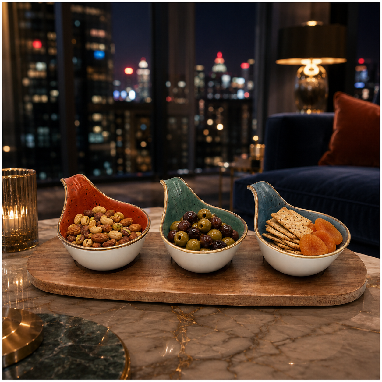 Elegant 3-Piece Ceramic Snack Bowl Set with Acacia Wood Serving Board