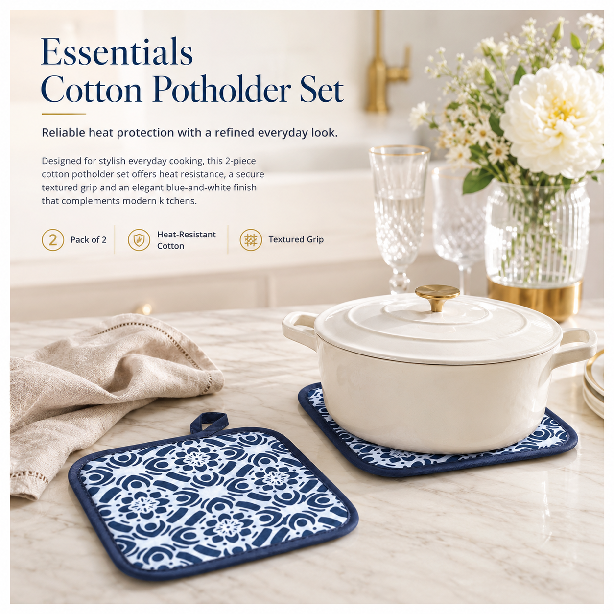 2-Piece Heat-Resistant Cotton Kitchen Potholder Set –Blue and White- 20 cm