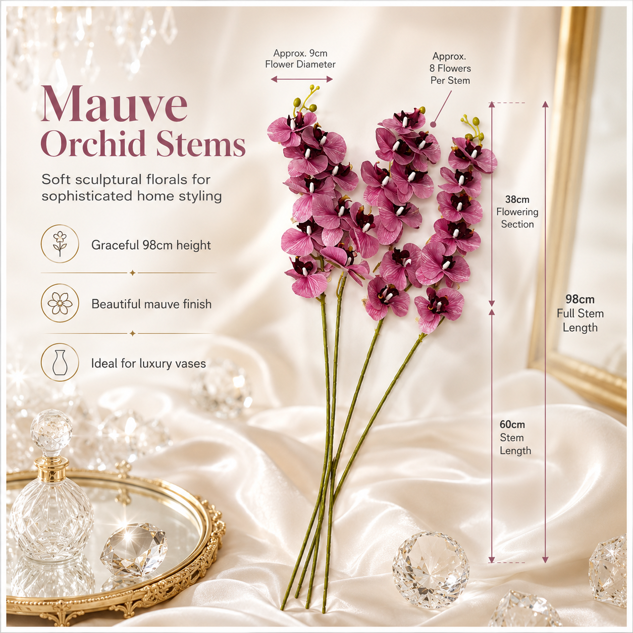 3 Piece Decorative Orchid Stem Set – Beautiful Tall Flowers -98 cm