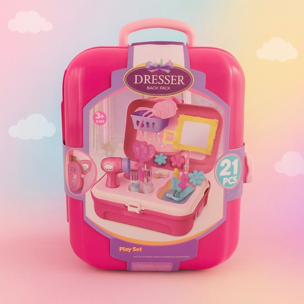 Toy 21-Piece Dresser Backpack Play Set – Portable Vanity Toy for Girls (Pink)