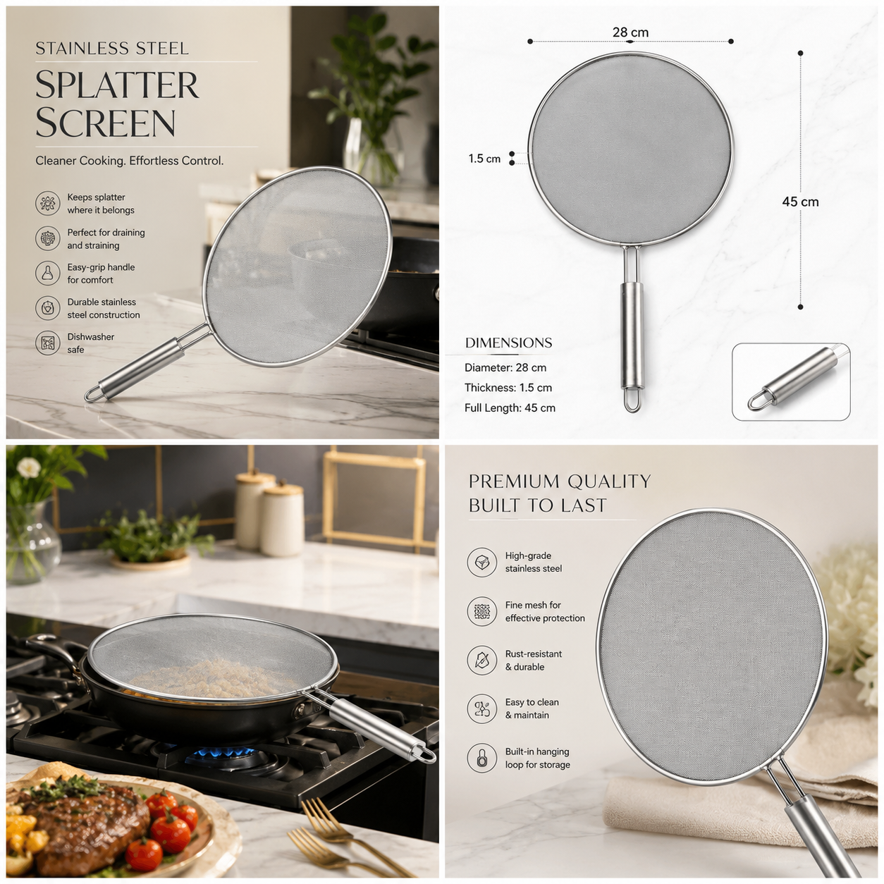 Essential 28cm Stainless Steel Splatter Screen with Easy-Grip Handle