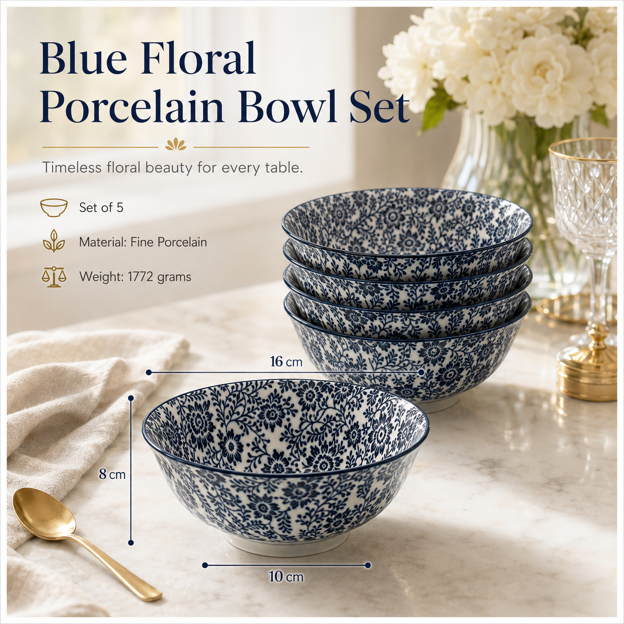 Elegant 5-Piece Blue Floral Fine Porcelain Bowl Set – Fine Dining - 16 cm