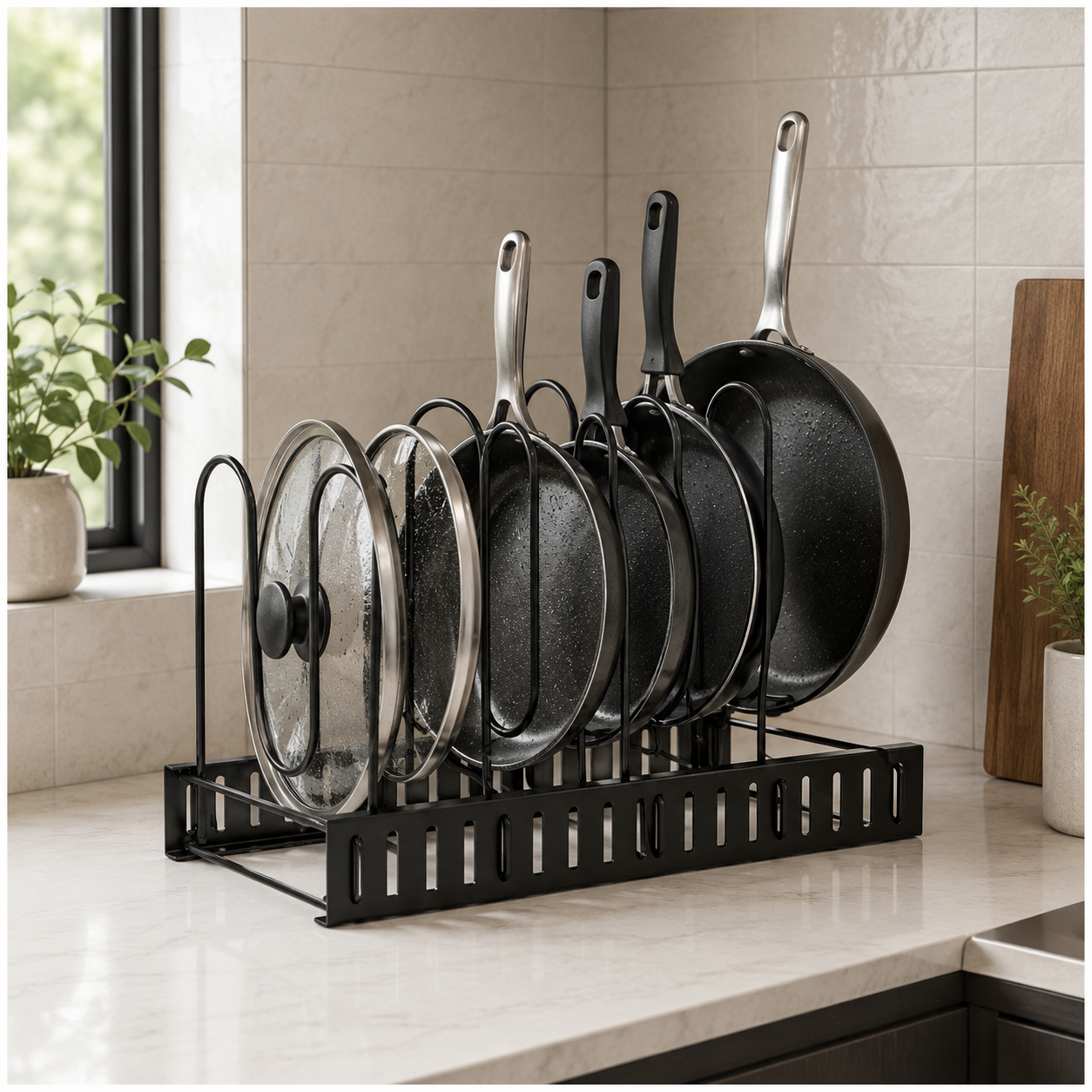 Essential Black Metal Adjustable Cookware Storage Rack-Cookware Organizer