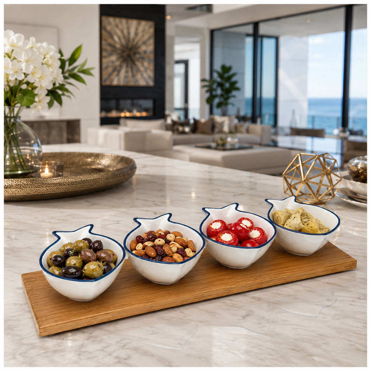 Ceramic Fish Shaped Snack Serving Bowl Set with Acacia Wooden Tray -5 Piece