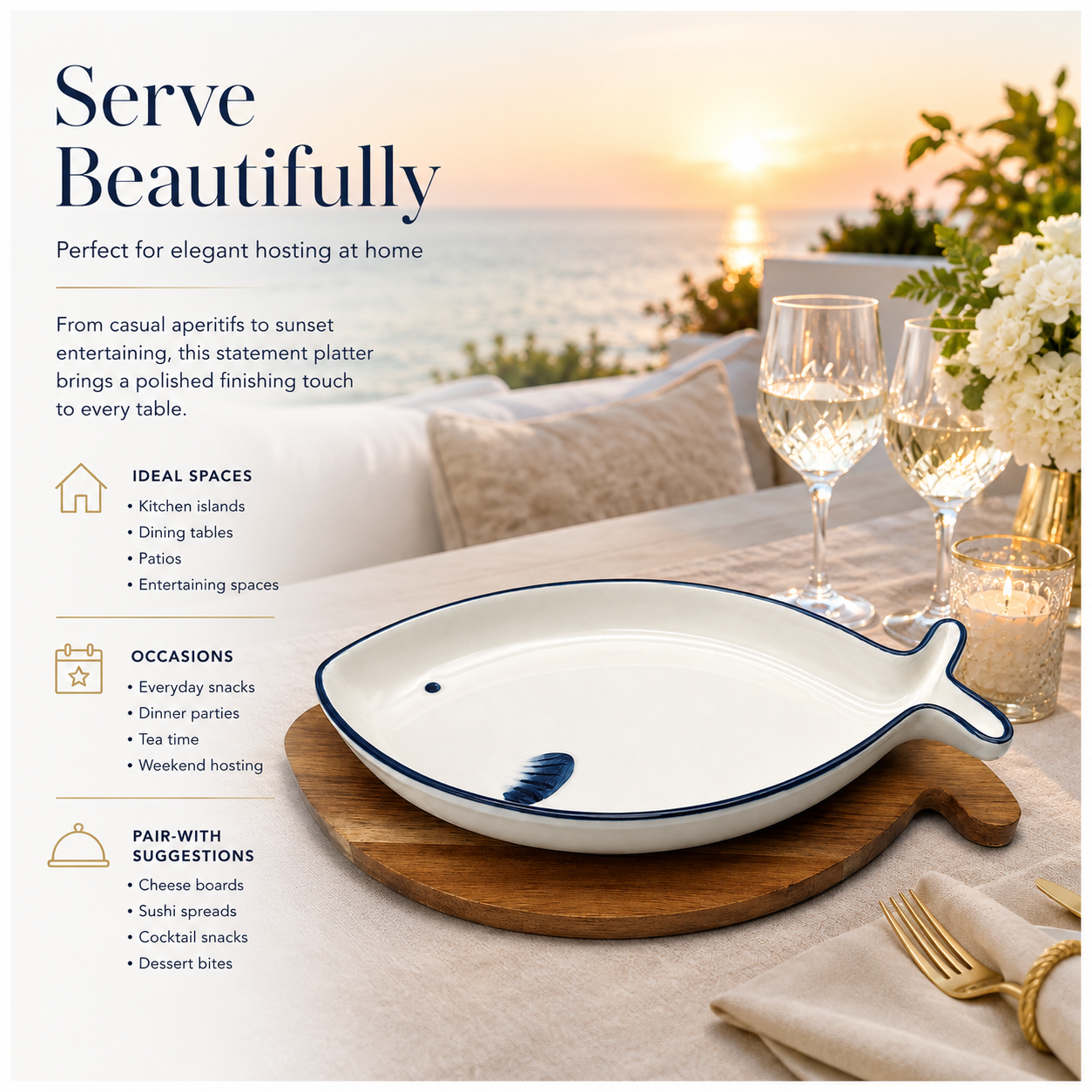Fish Shaped Snack Serving Platter with Wooden Tray – Ceramic & Acacia Wood Serveware Set