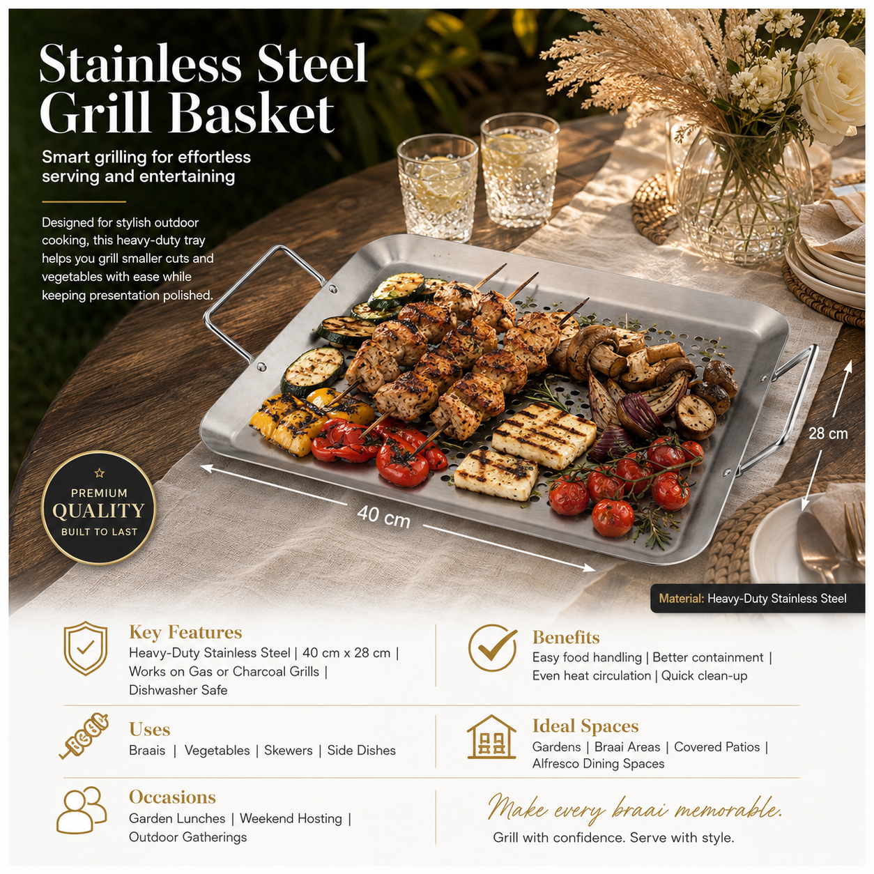 Heavy-Duty Stainless Steel Grill Basket with Handles for Braais – 40 x 28cm