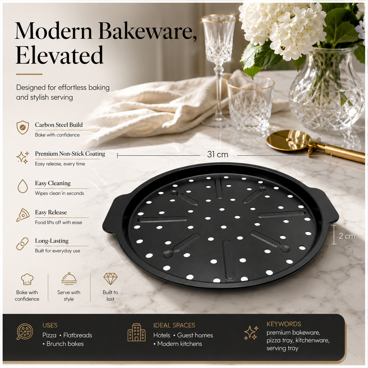 Crisp-Crust Non-Stick Pizza Tray –Carbon Steel Oven-to-Table Bakeware -31cm