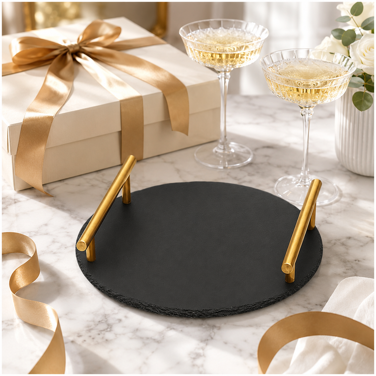 Midnight Slate Round Serving Tray With Metallic Gold Handles