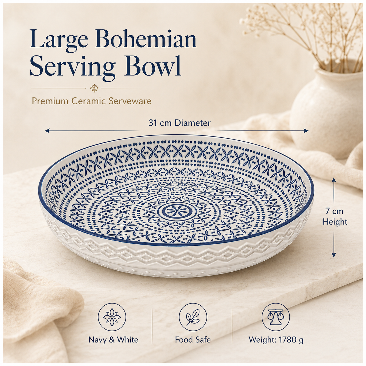 Luxury Large Ceramic Salad Serving Bowl 31cm–Navy and White -Floral Design