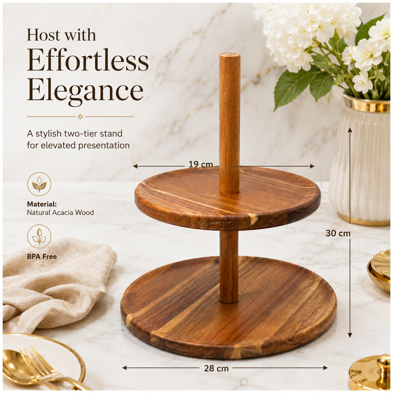 Natural Acacia 2-Tier Round Serving Platter - Wooden Display Stand - 28cm