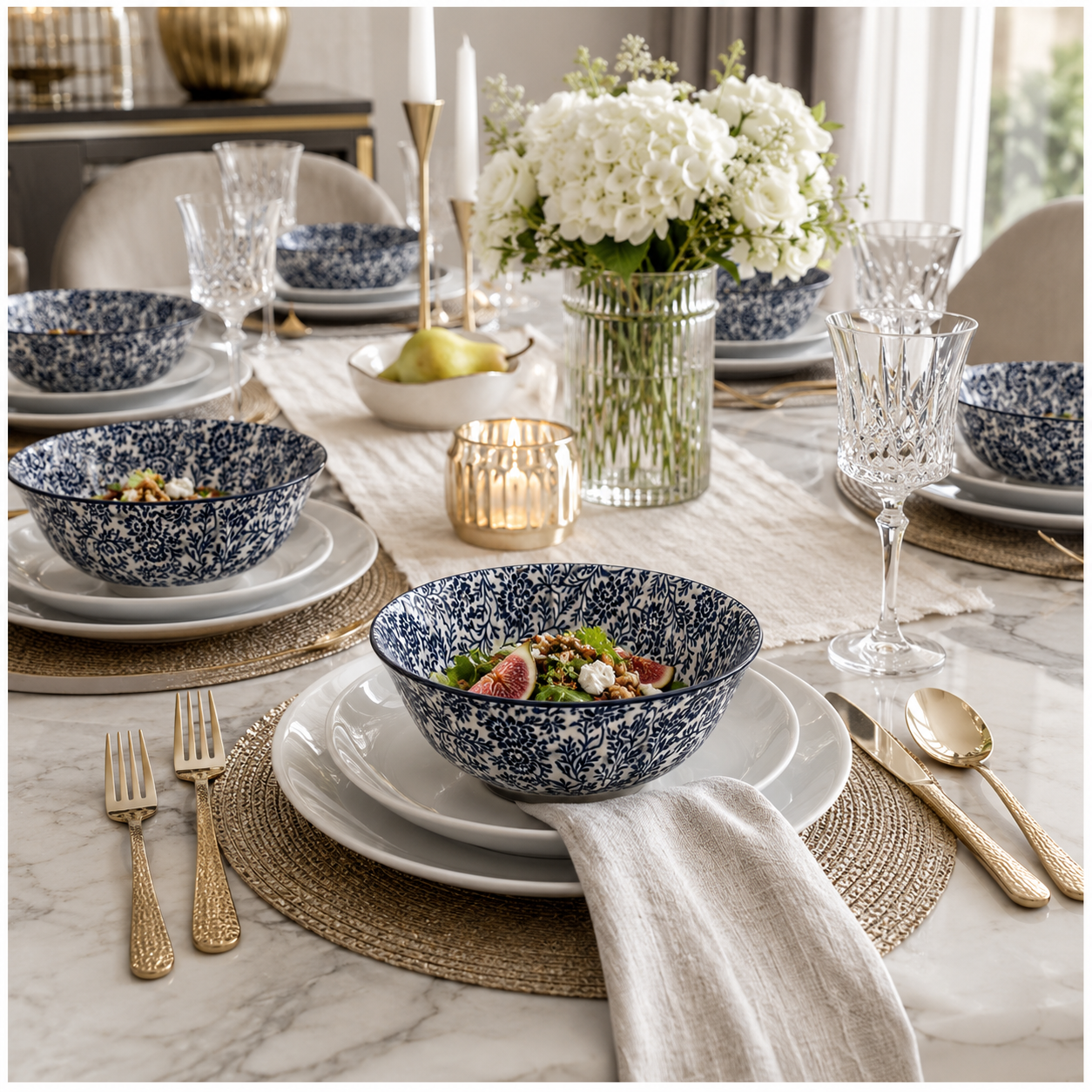 Elegant 5-Piece Blue Floral Fine Porcelain Bowl Set – Fine Dining - 16 cm