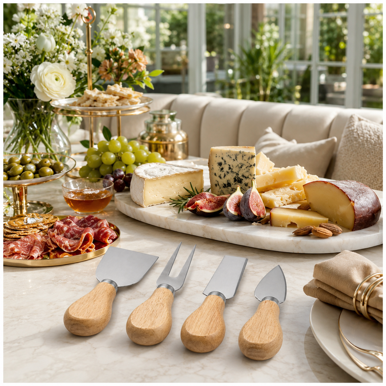 4-Piece Beech Wood Cheese Knife Serving Set - 12 cm