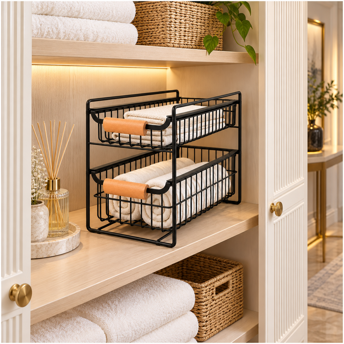 2-Tier Iron Drawer Organiser with Beechwood Handles for Convenient Storage