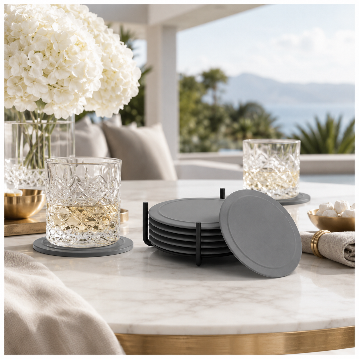 Grey Silicone Drink Coaster Set with Space - 6 Piece Set With Metal Holder