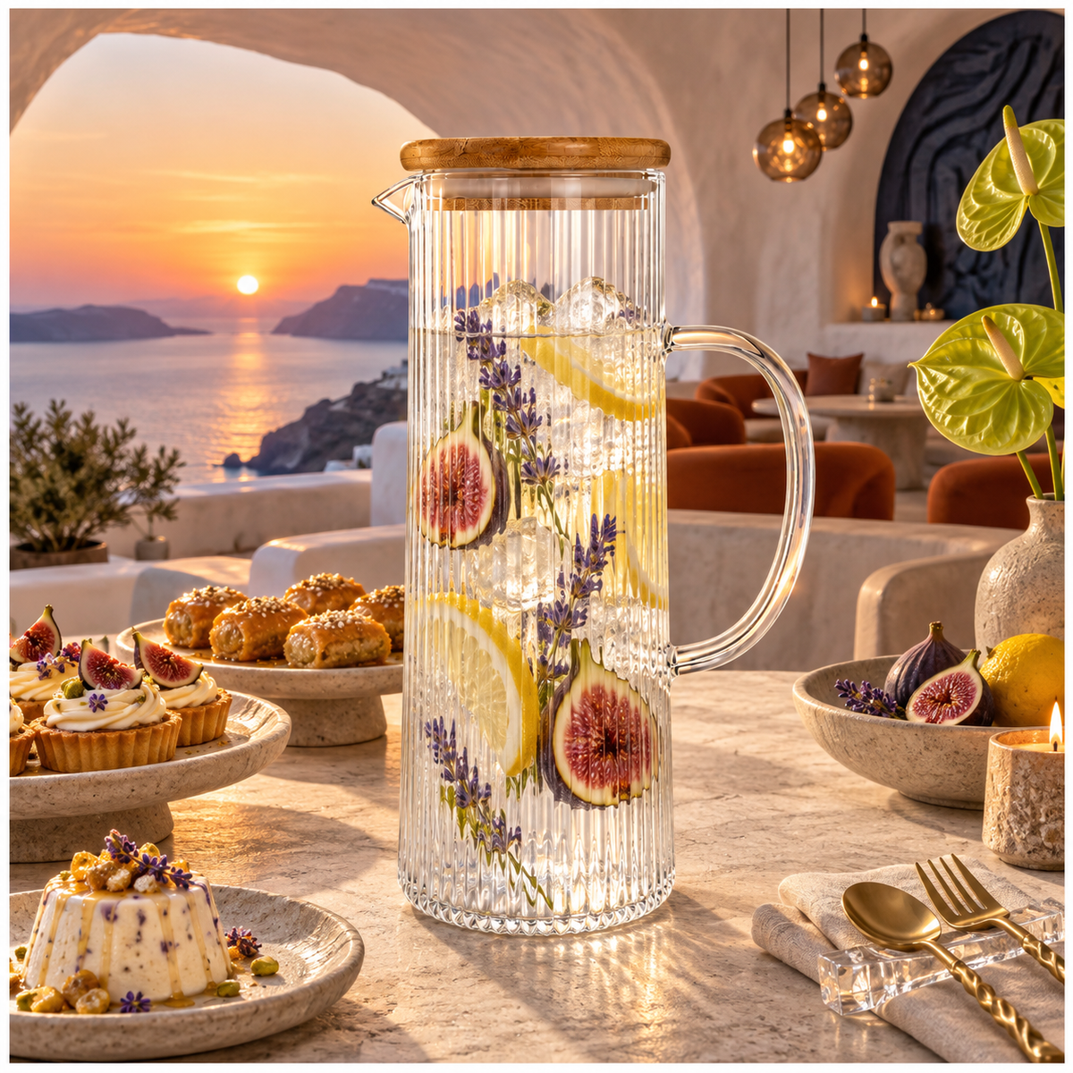 Elegant 1.2L Ribbed Crystal Glass Water Pitcher with Airtight Wooden Lid