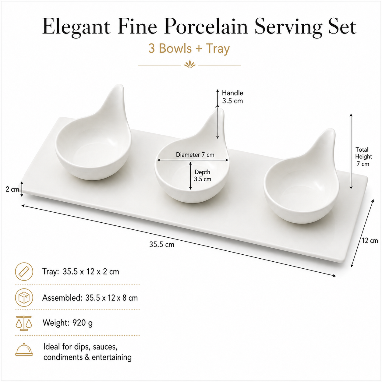 Luxury 3-Piece High Quality Fine Porcelain Serving Bowl and Tray Set- White