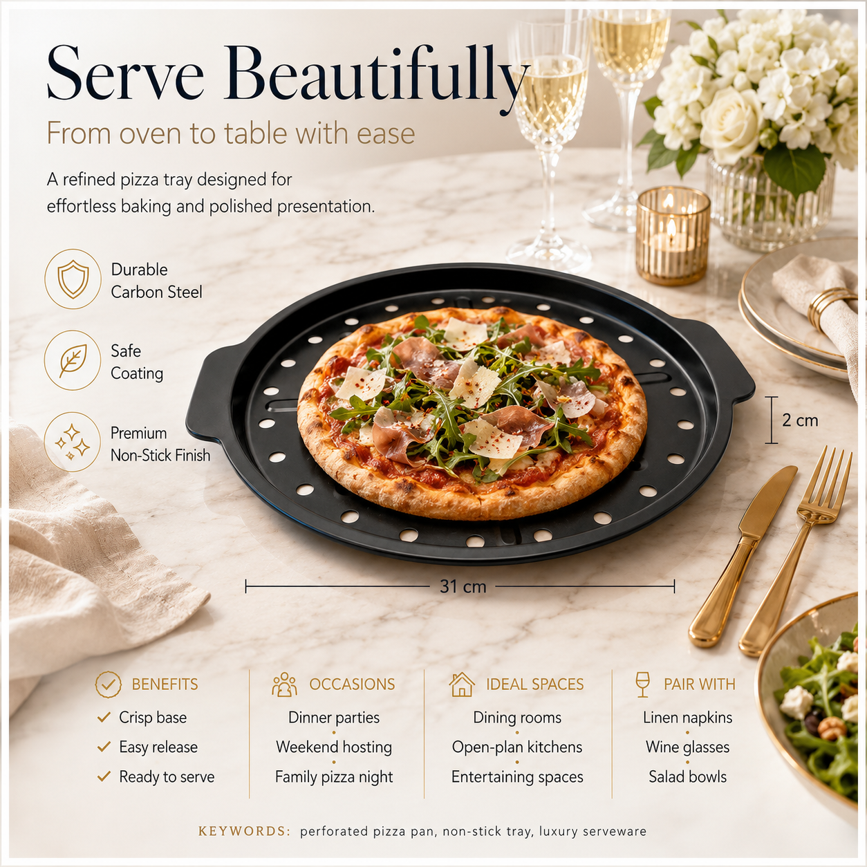 Crisp-Crust Non-Stick Pizza Tray –Carbon Steel Oven-to-Table Bakeware -31cm