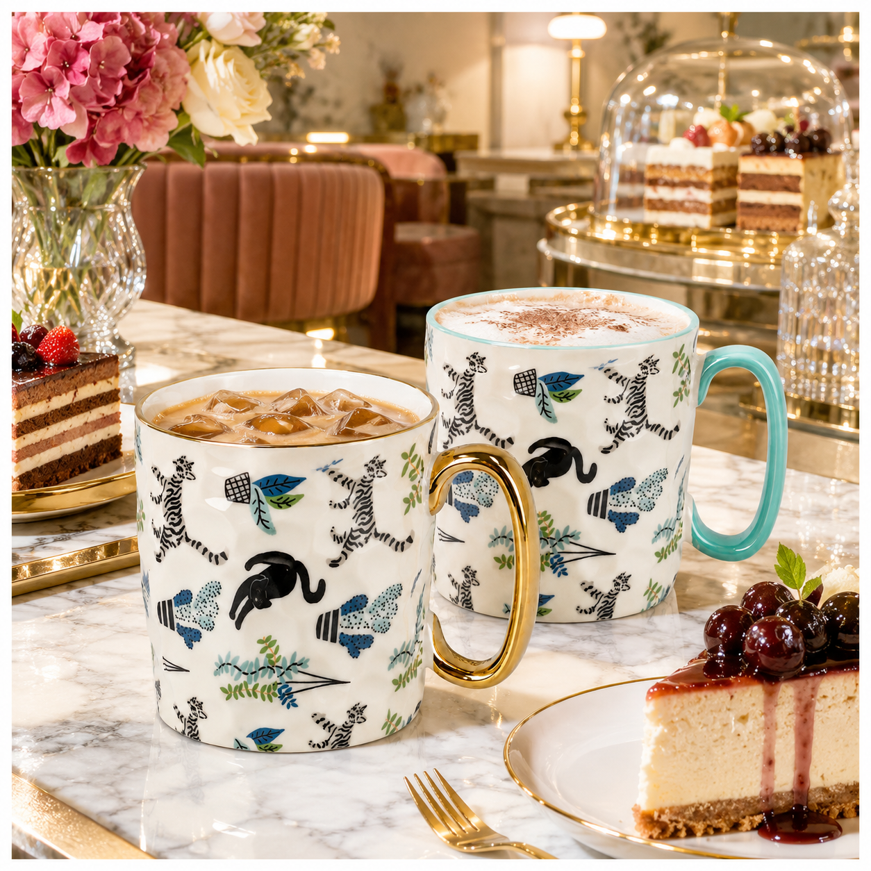 2-Piece Textured Porcelain Coffee Mug Set – 310ml Floral Cat Design