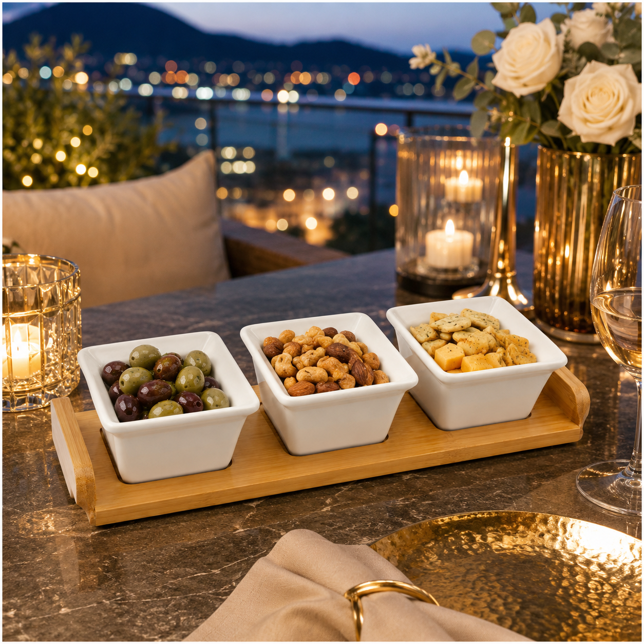 Elegant 4-Piece Ceramic Snack Serving Bowls with Bamboo Tray- 33 x 12 cm