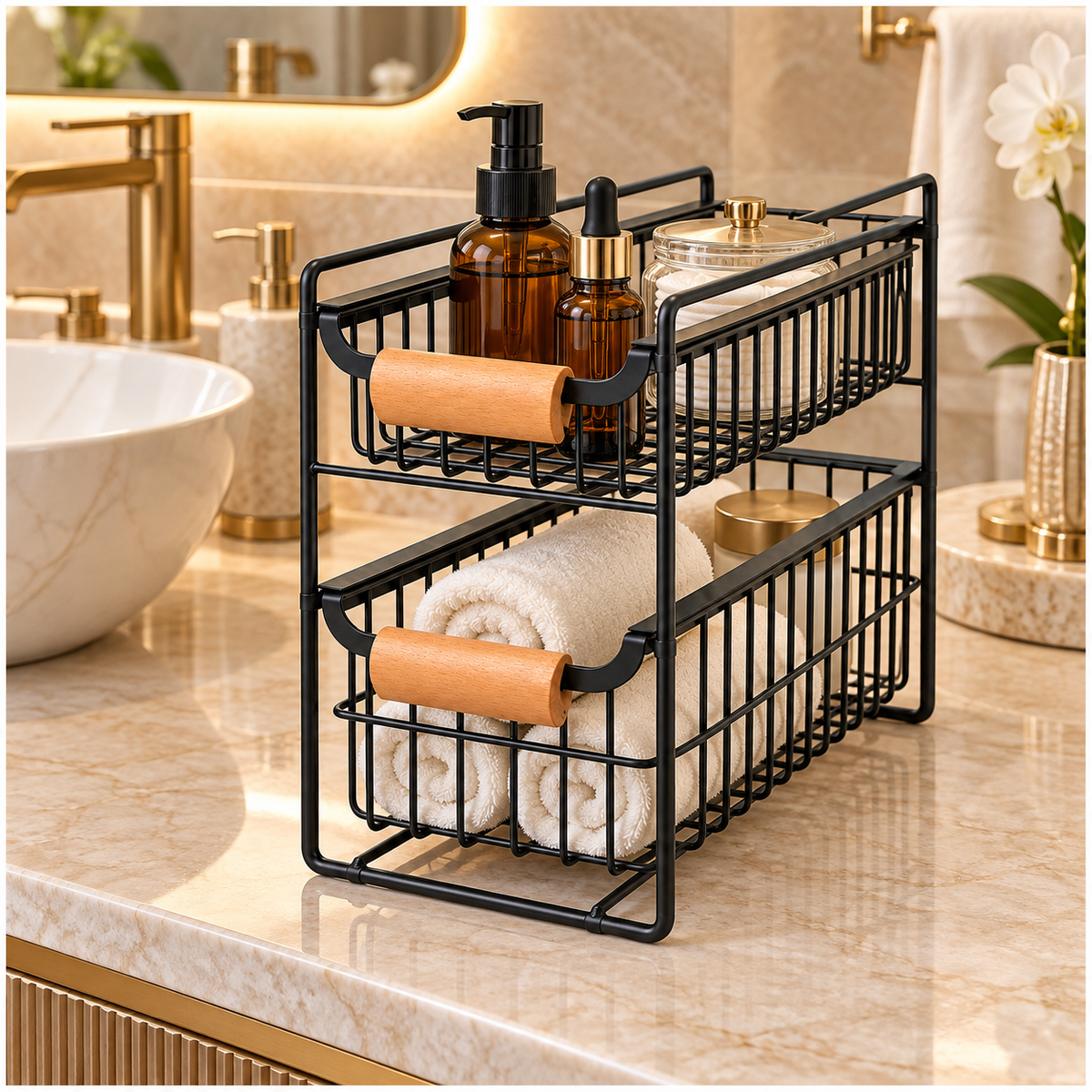 2-Tier Iron Drawer Organiser with Beechwood Handles for Convenient Storage
