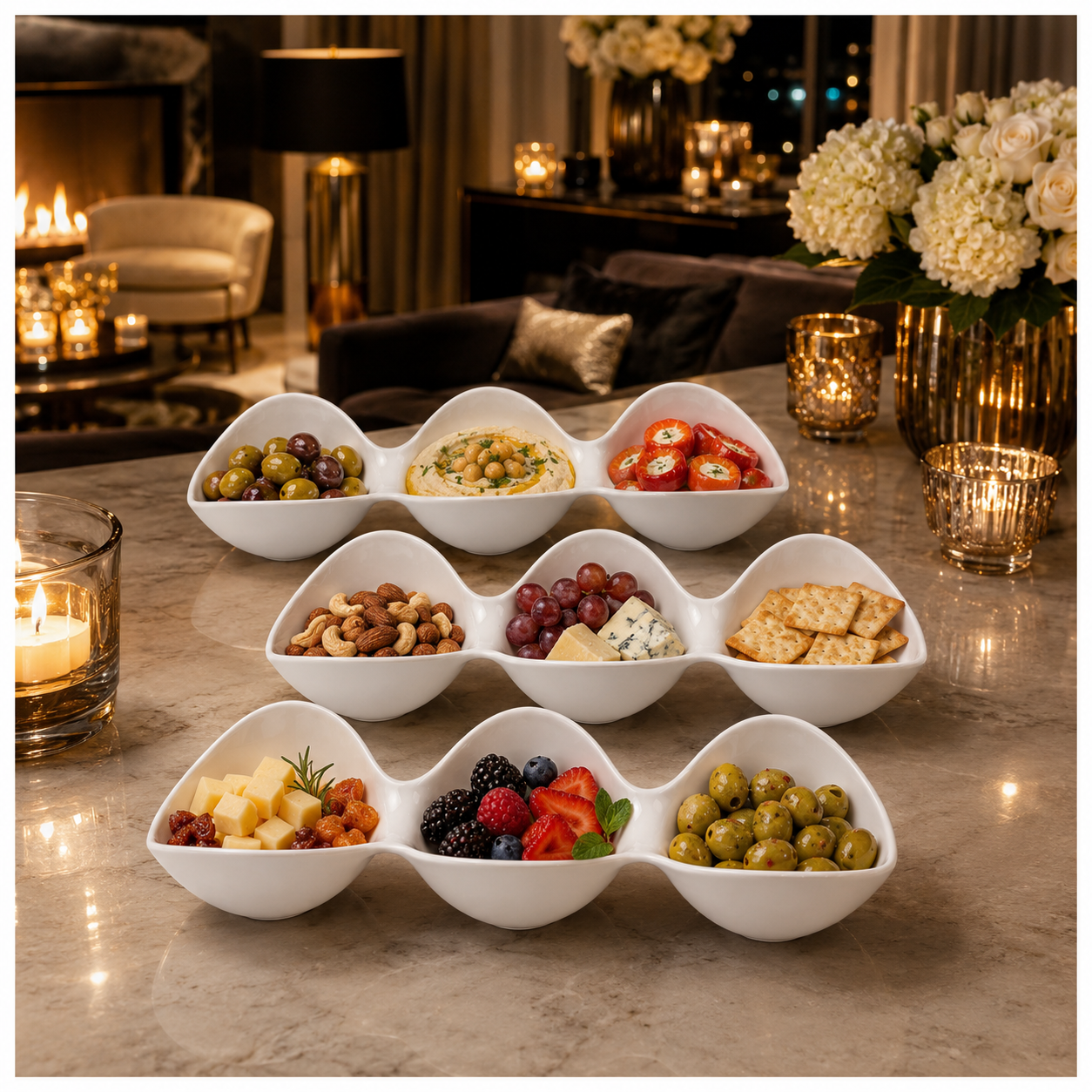 3-Piece White Melamine Triple Bowl Serving Set – 3 x 3-Compartment Bowls