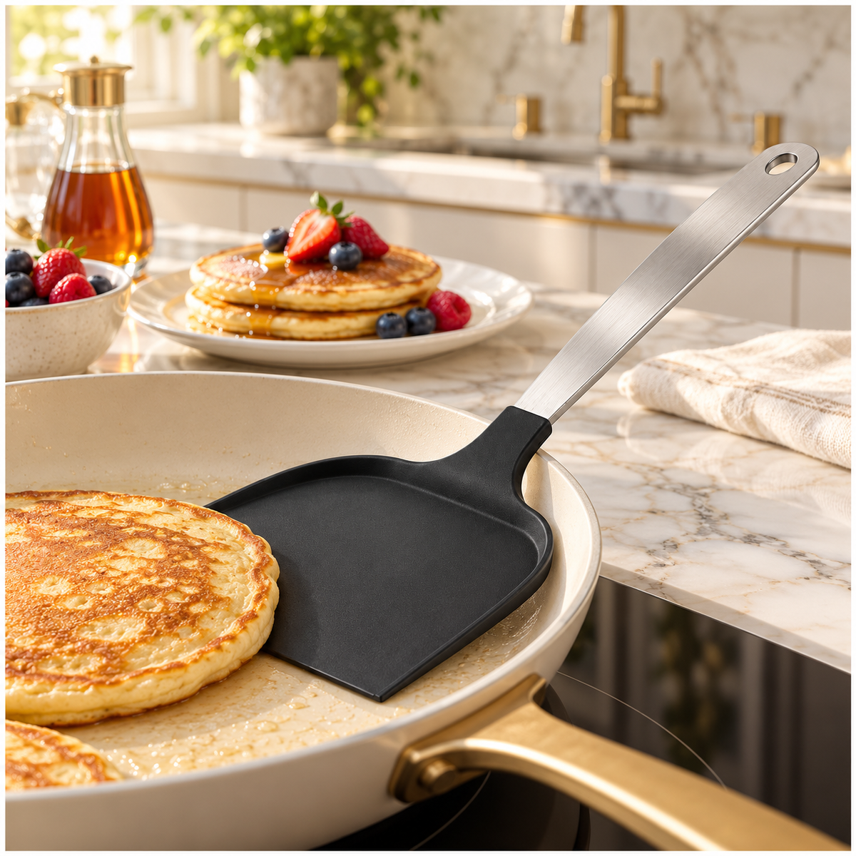 Wide Pancake Turner Spatula–Flexible Head and Stainless Steel Handle, 32 cm