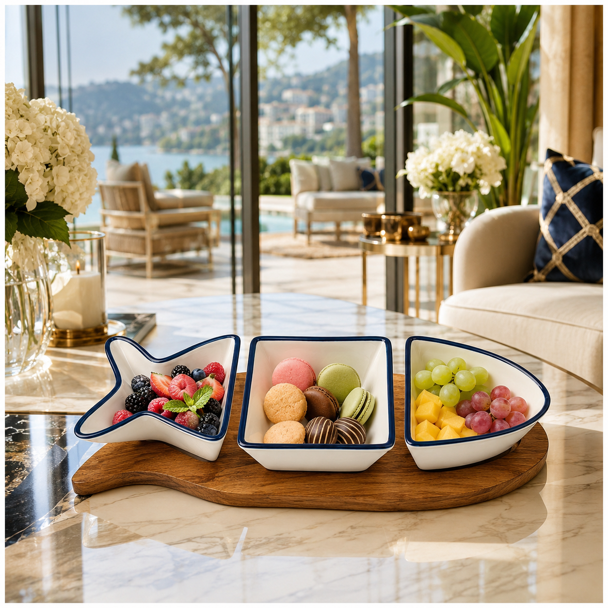 Beautiful Ceramic Fish-Shaped 4-Piece Snack Platter Wooden Acacia Tray