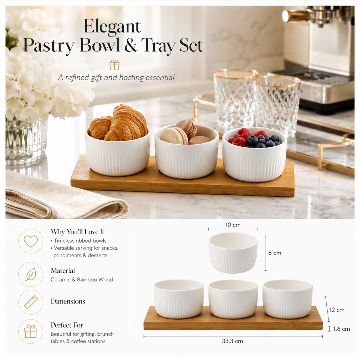 Elegant 4 Piece Bamboo Tray and Ceramic Pastry Bowls -Classic Serveware Set