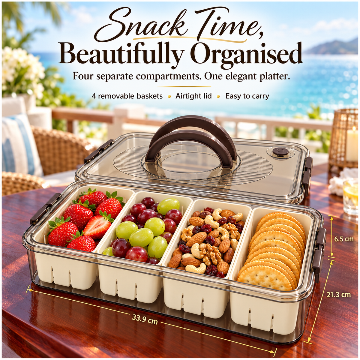 Portable 4-Compartment Snack Platter for Home, Picnics, Parties and Travel